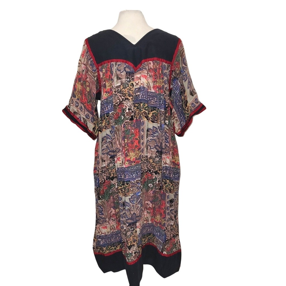 VTG Krist Gudnason Egyptian Black Print Kaftan Muumuu House V-Neck Maxi Dress L - Picture 4 of 9